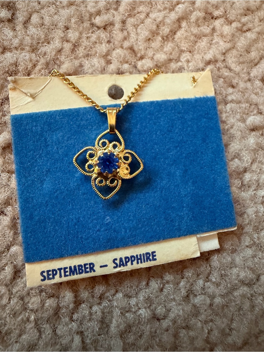 Vintage September Sapphire Birthstone Pendant Necklace Gold Tone Filigree NOS